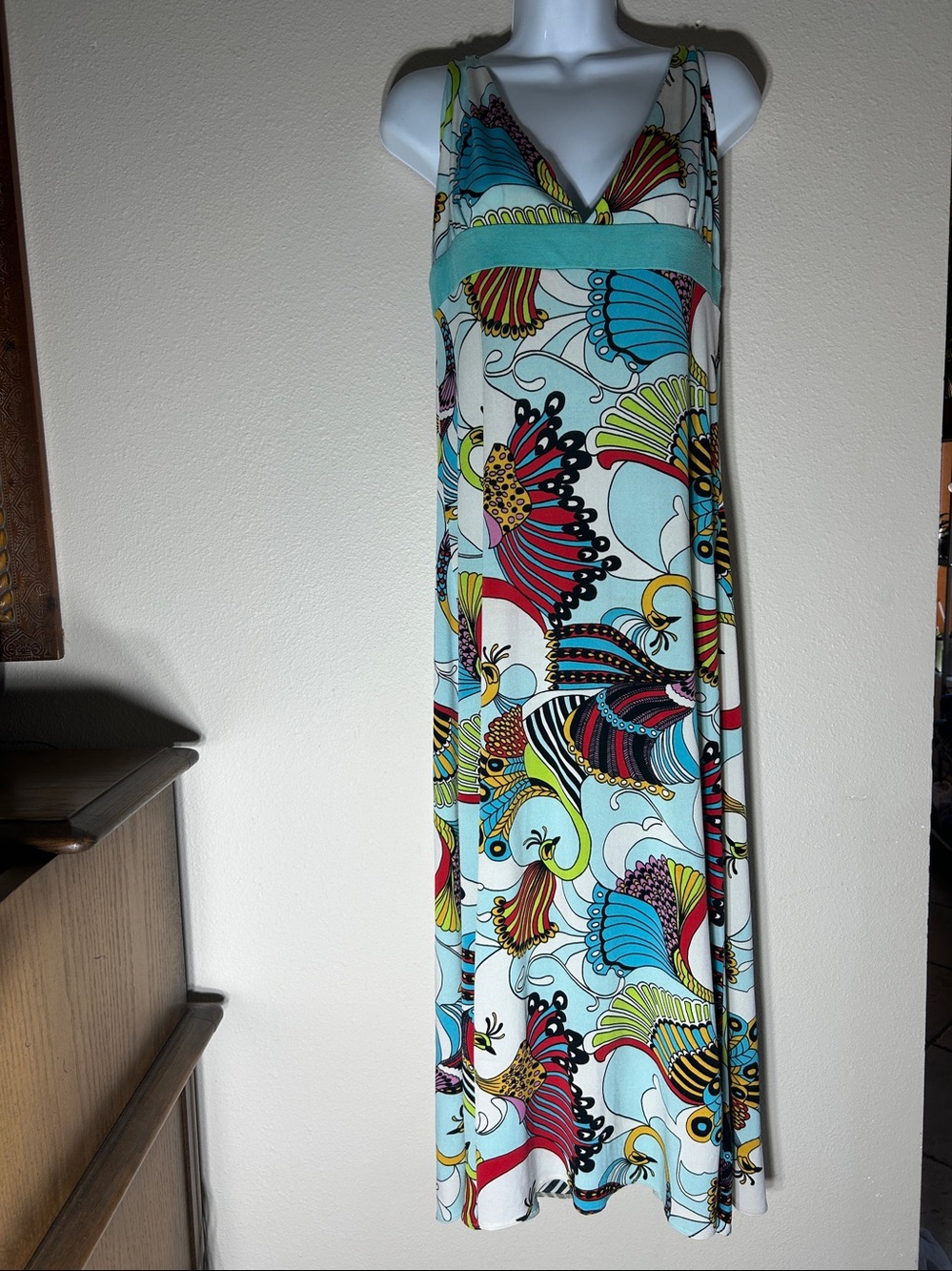 Psychedelic Peacock Bohemian Jersey Knit Maxi Dress, Size Medium
